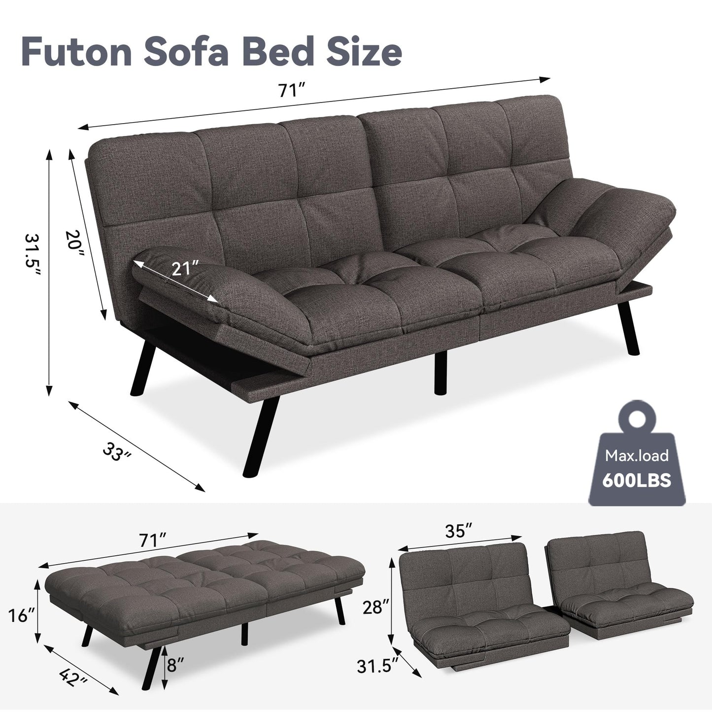 Vyfipt Convertible Futon Sofa Bed, 71" Memory Foam Futon Couch with Detachable,Adjustable Backrest,Linen Fabric Folding Small Loveseat Sleeper for for Living Room,RV,Office,Apartment,Dark Grey