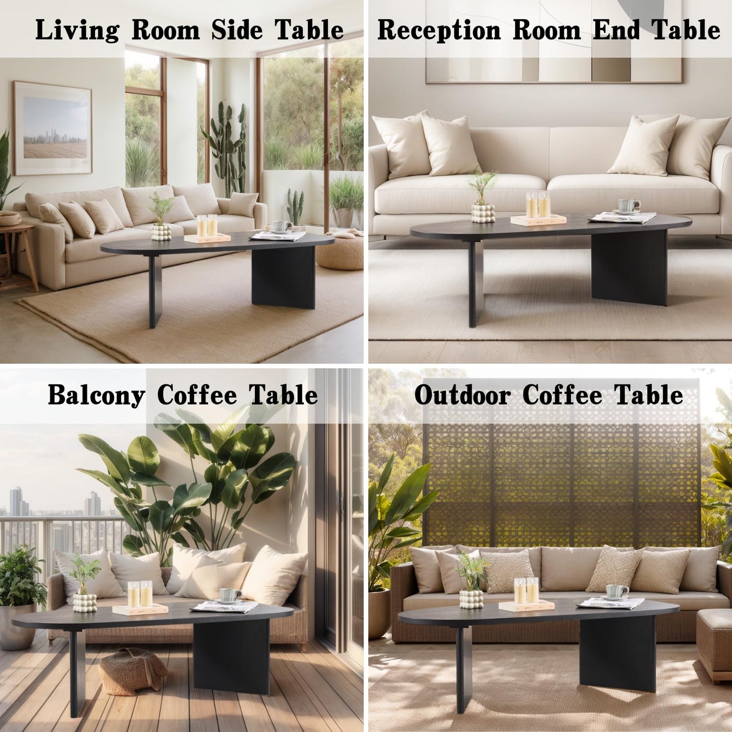 Ya-Home Black Coffee Table, Mid Century Modern Living Room Table with Irregular Surfboard Shape Top Solid Base, 51” Side Table Reception End Table for Office, Balcony, Black