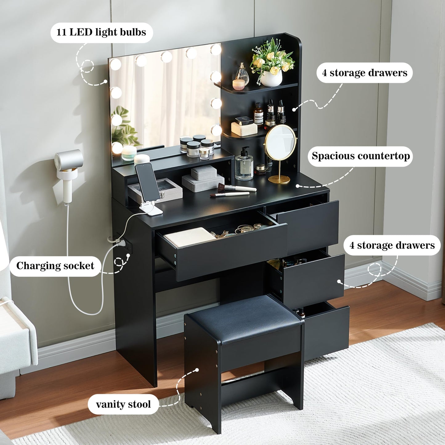 Alaxgumrol Black Vanity Desk with Mirror and Lights- Makeup Vanity Table Set with Power Outlet, 4 Drawers and Stool, Small Makeup Table with 3 Lighting Color Adjustable for Bedroom