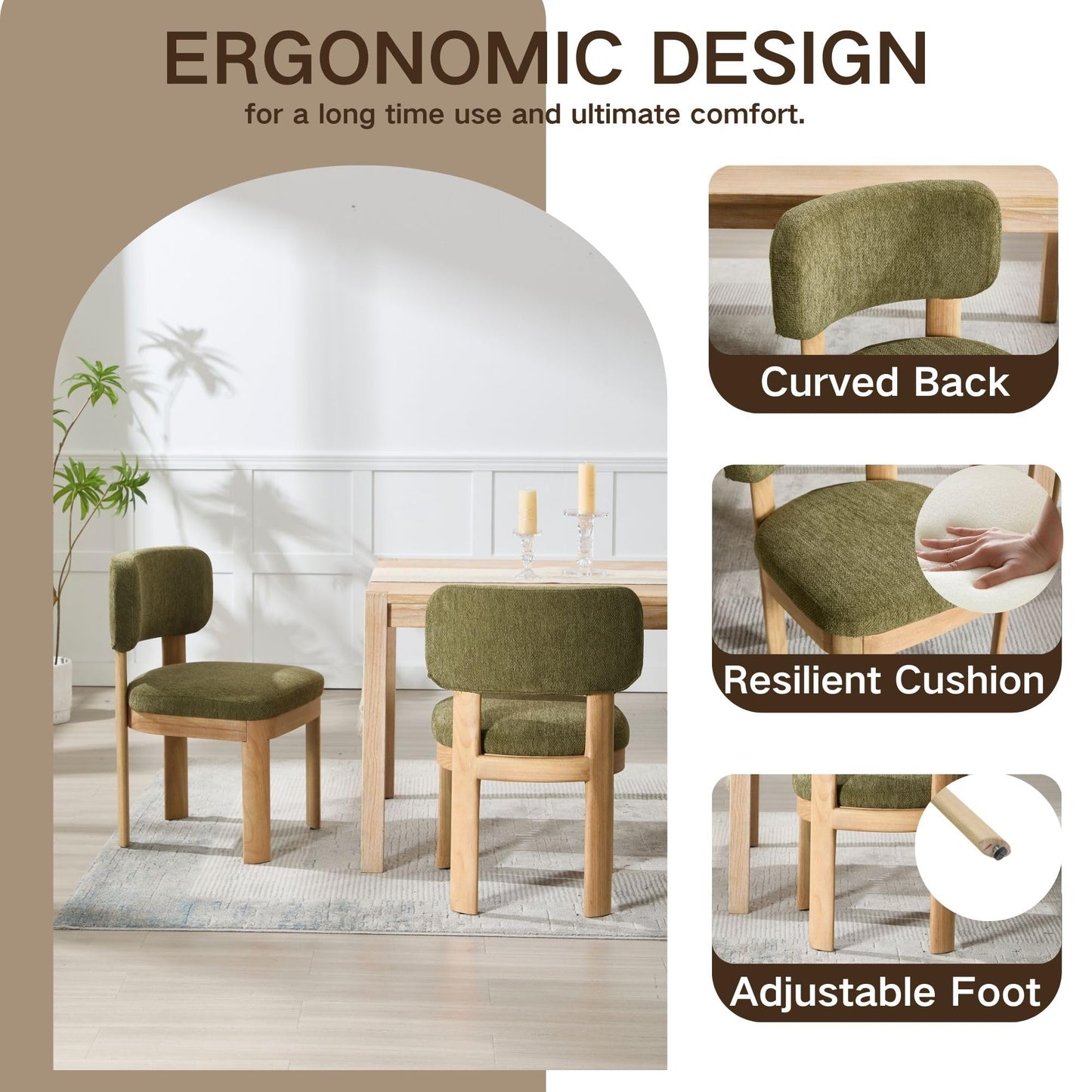 Wahson Green Upholstered Dining Chairs Set of 6, Mid Century Modern Fabric Dining Room Chairs with Hardwood Legs and Padded Back, Farmhouse Kitchen Chair Cozy Accent Chair
