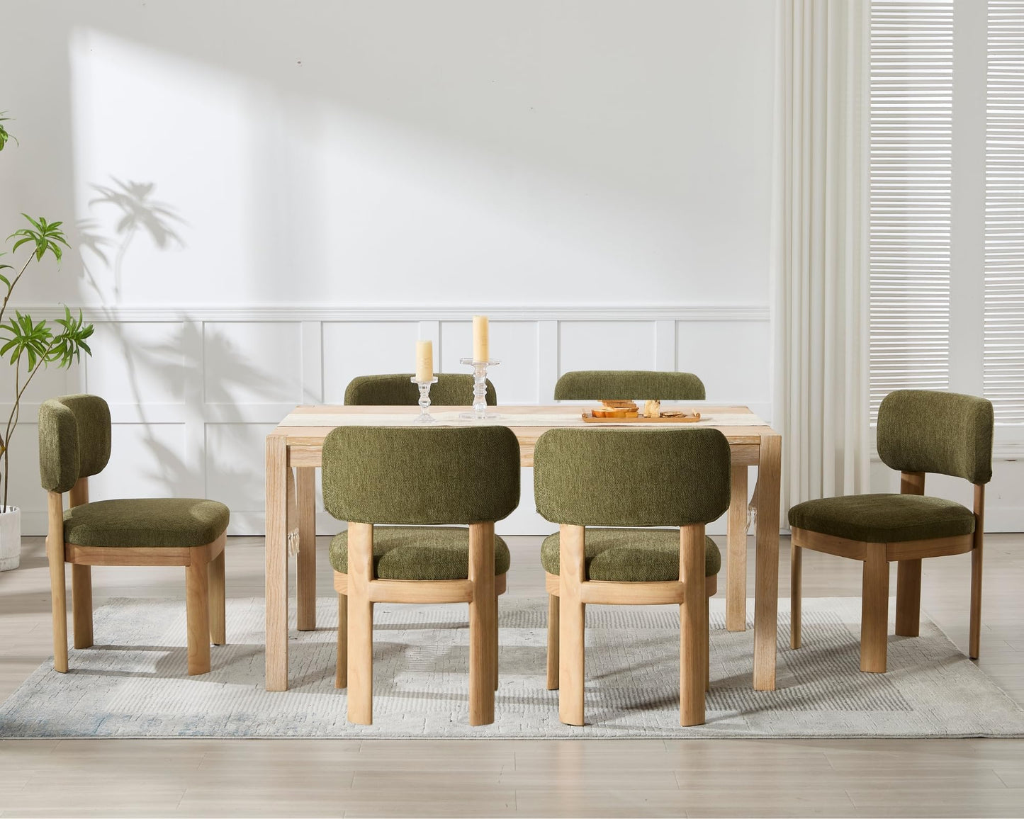 Wahson Green Upholstered Dining Chairs Set of 6, Mid Century Modern Fabric Dining Room Chairs with Hardwood Legs and Padded Back, Farmhouse Kitchen Chair Cozy Accent Chair