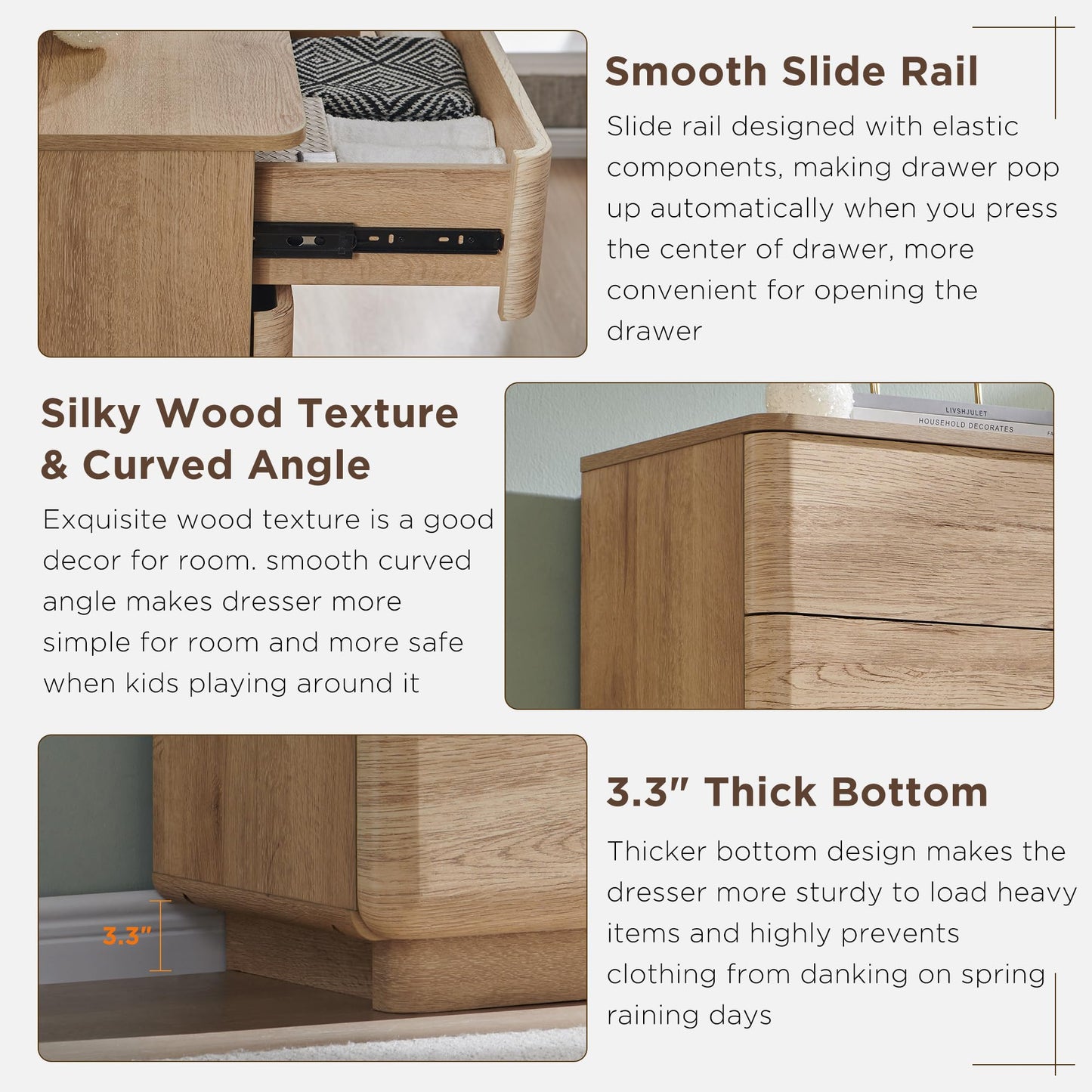 ACCOHOHO Modern 9 Drawer Dresser for Bedroom, Farmhouse 52" Wide Dresser TV Stand with Large Drawers, Natural Texture, Curved Angle for Room, Hallway and Entryway, Nutural Oak