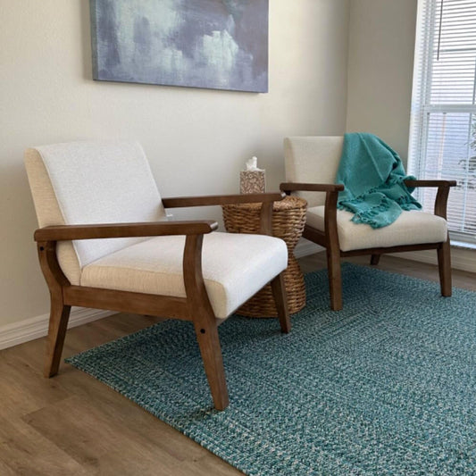 Wahson Comfy Living Room Chairs Set of 2, Linen Upholstered Accent Chairs, Farmhouse Armchairs with Natural Wood Frame, Oversized Decorative Chair for Bedroom, Beige
