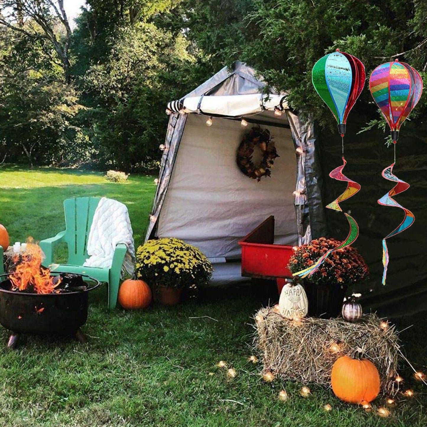 2Pcs Hot Air Balloon Wind Spinner Rainbow Whirl Hanging Ornament Spinning Balloon Windmill Toy Set for Outdoor Garden Patio Yard Home Decoration