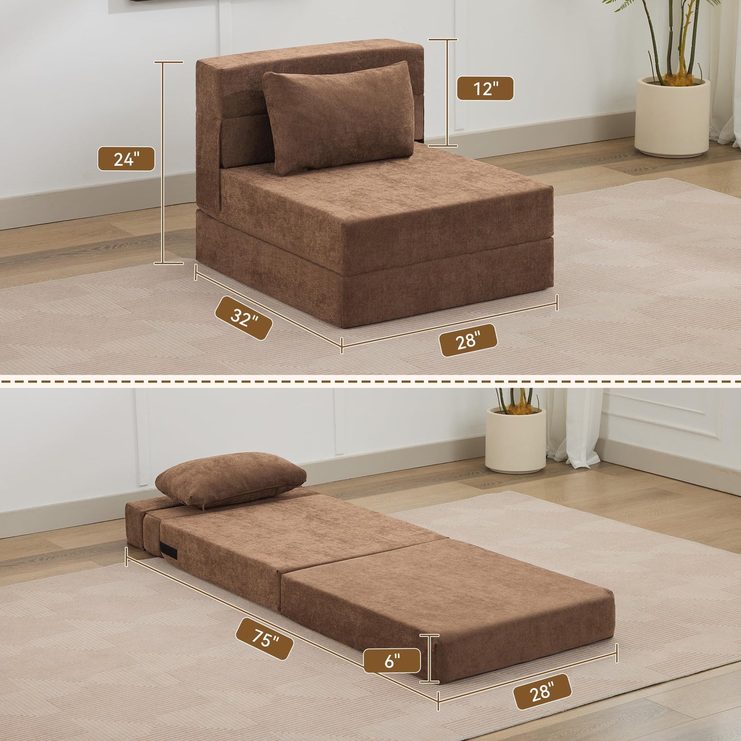WUTUTUEE Folding Sofa Bed Convertible Floor Couch Foldable Chair Bed with Pillow, Linen Sleeper Chair Futon, Foldable Memory Foam Mattress for Bedroom/Living Room/Dorm/Office (Brown, Single)