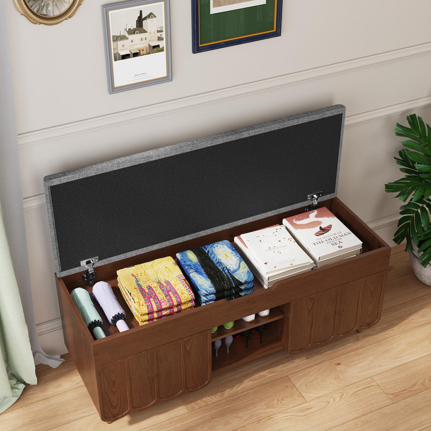 3More 40" Entryway Shoe Storage Bench，Upholstered Hidden Space Beneath Seat Cushion Bench，2-Tier Unique Geometric Shape with Wood Grain，Walnut