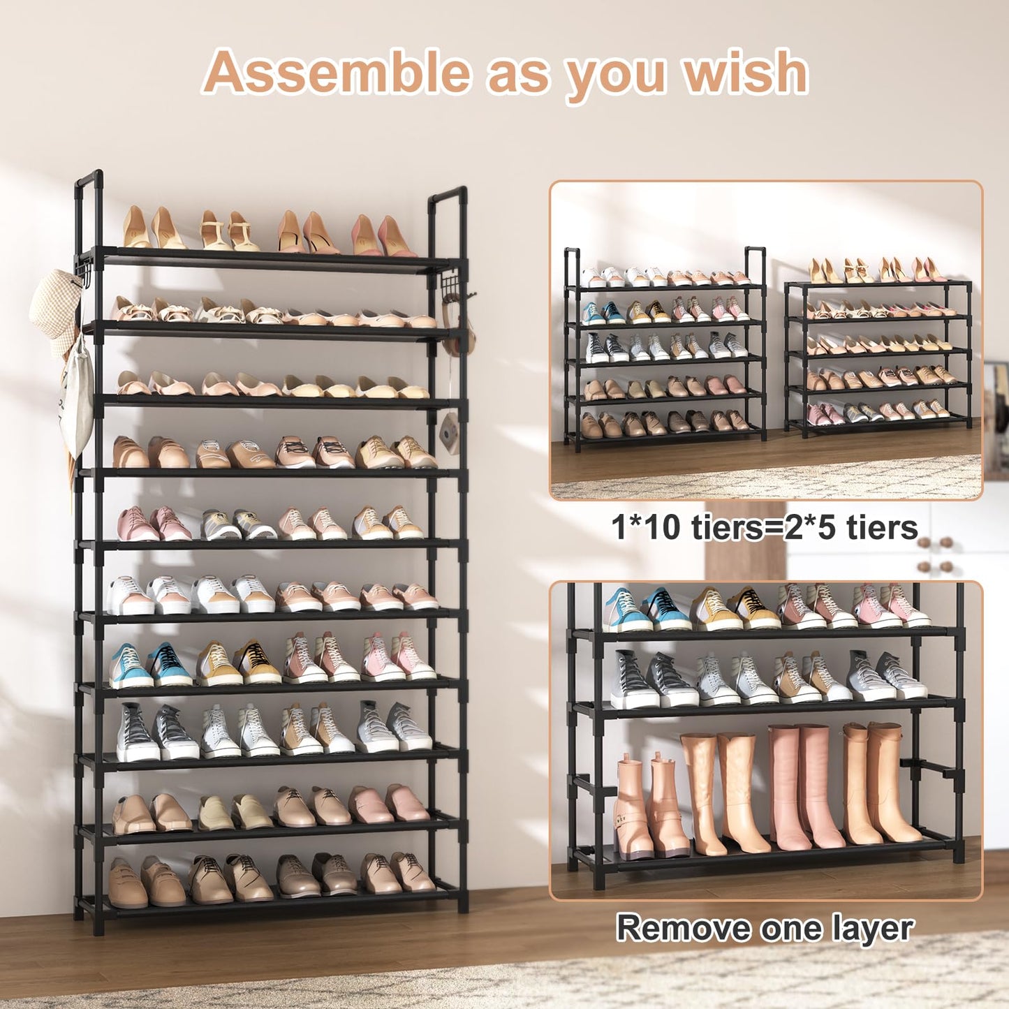 VTRIN 10-Tier Shoe Rack - Large Capacity 50 Pair Organizer with Two Hooks - Sturdy Metal Shoe Shelf for Entryway, Closet, Bedroom