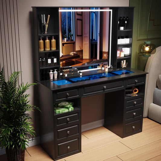 Wildhome Vanity Desk with Mirror and Light, Glass Top Dresser with 9 Drawers, Vanity Table with Storage, Dressing Table, Bedroom Makeup Desk for Women (Black-Glass Top)