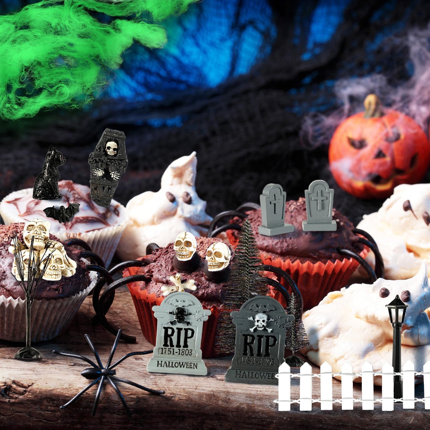 49 Pcs Miniature Halloween Village Accessories Set - Miniature Halloween Figurines, Ornaments, Bare Branches, Tombstones, Skeleton, Fake Spiders - Party Decor