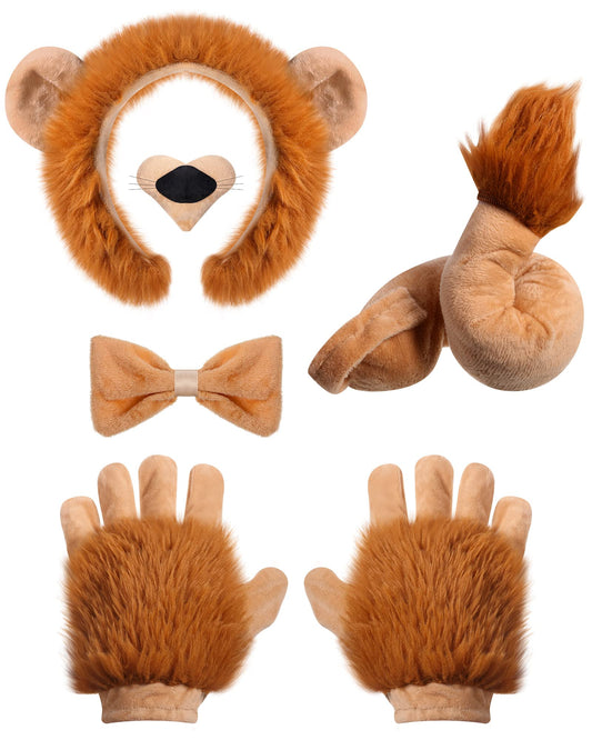 5 Pcs Lion Costume Set Animal Ears Headband Paw Gloves Bow Tie and Tail for Kids Adult Halloween Costume Dress up Party