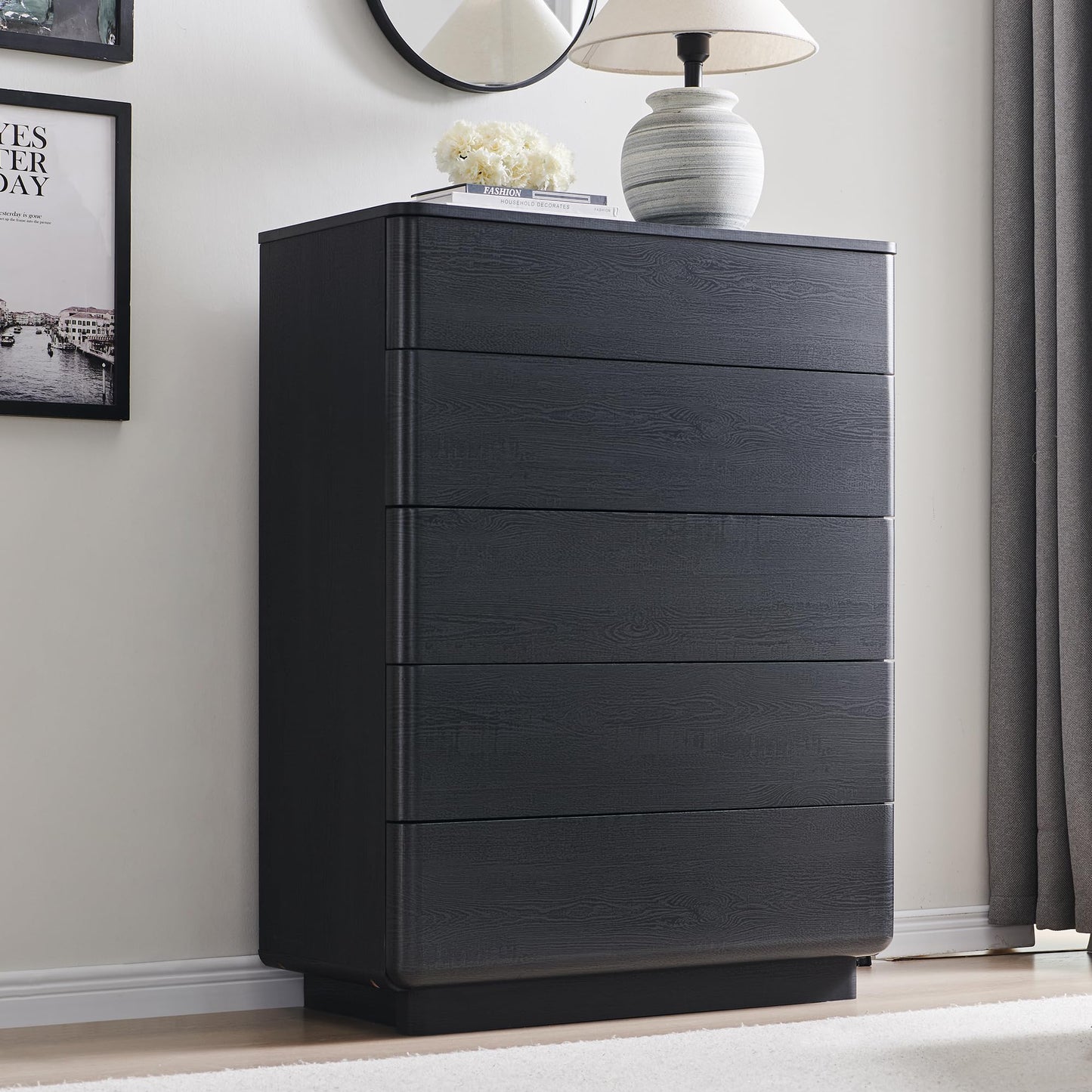 ACCOHOHO Modern 5 Drawer Dresser Chests for Bedroom, Farmhouse 42" Tall Chest of Drawers with Large Drawers, Natural Texture, Curved Angle for Room, Hallway and Entryway, Black