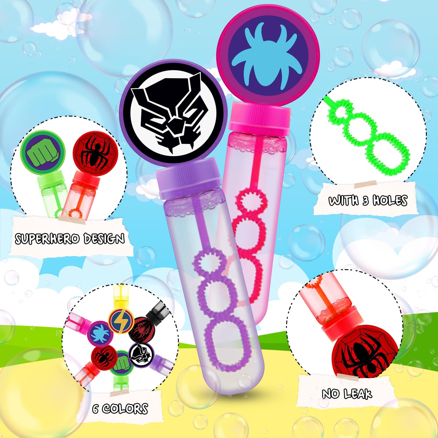 24Pcs Superhero Bubble Wands for Amazing Theme Party Favors - Kids and His Friends Birthday Party Supplies - Outdoor Summer Toys - Valentine Christmas Easter Gift - Spider Goodie Bag Stuffers
