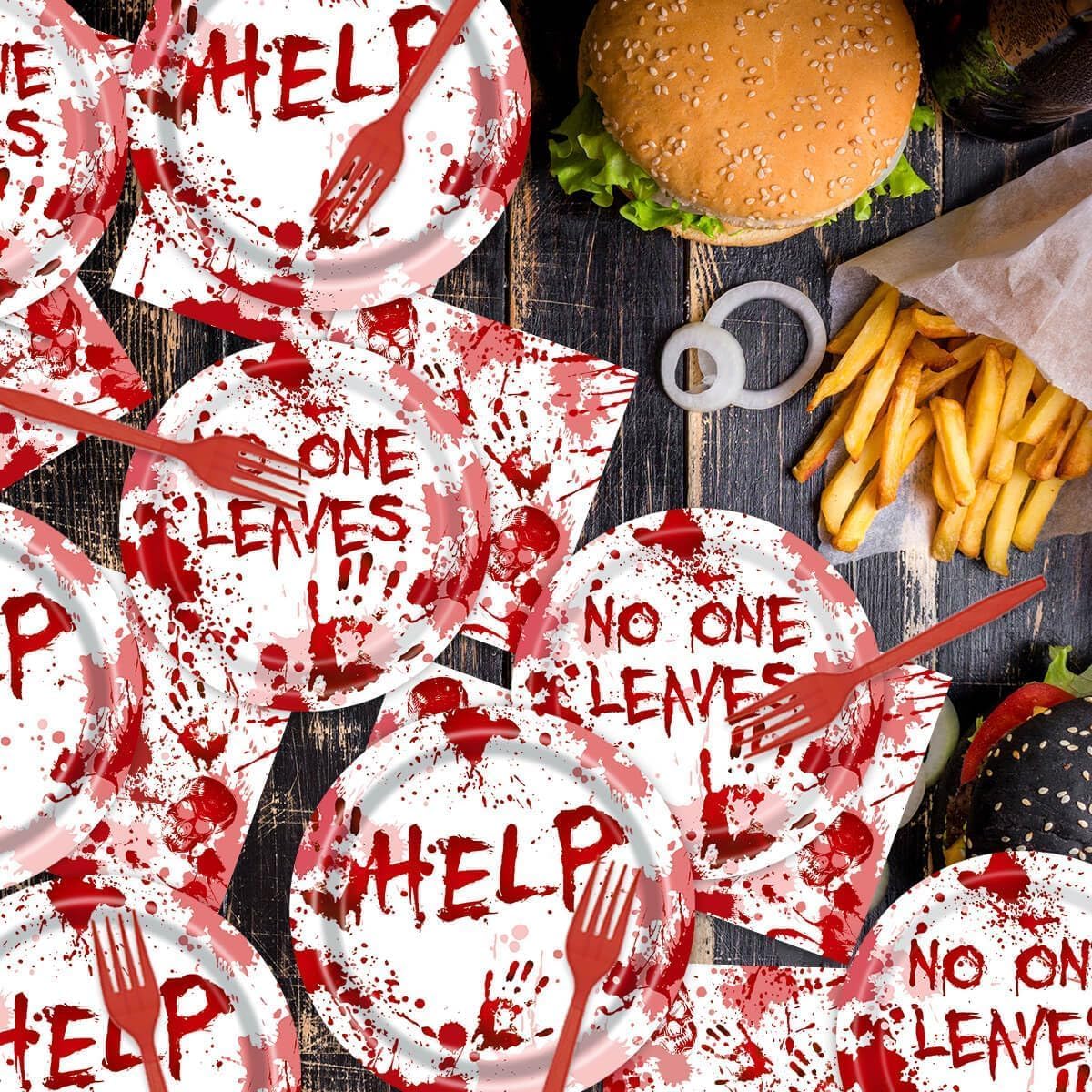 96Pcs Scary Halloween Party Plates Supplies Blood Splatter Party Tableware Sets Decorations Zombie Vampire aunted House Birthday Disposable Paper Plates Napkins Forks Serves 24
