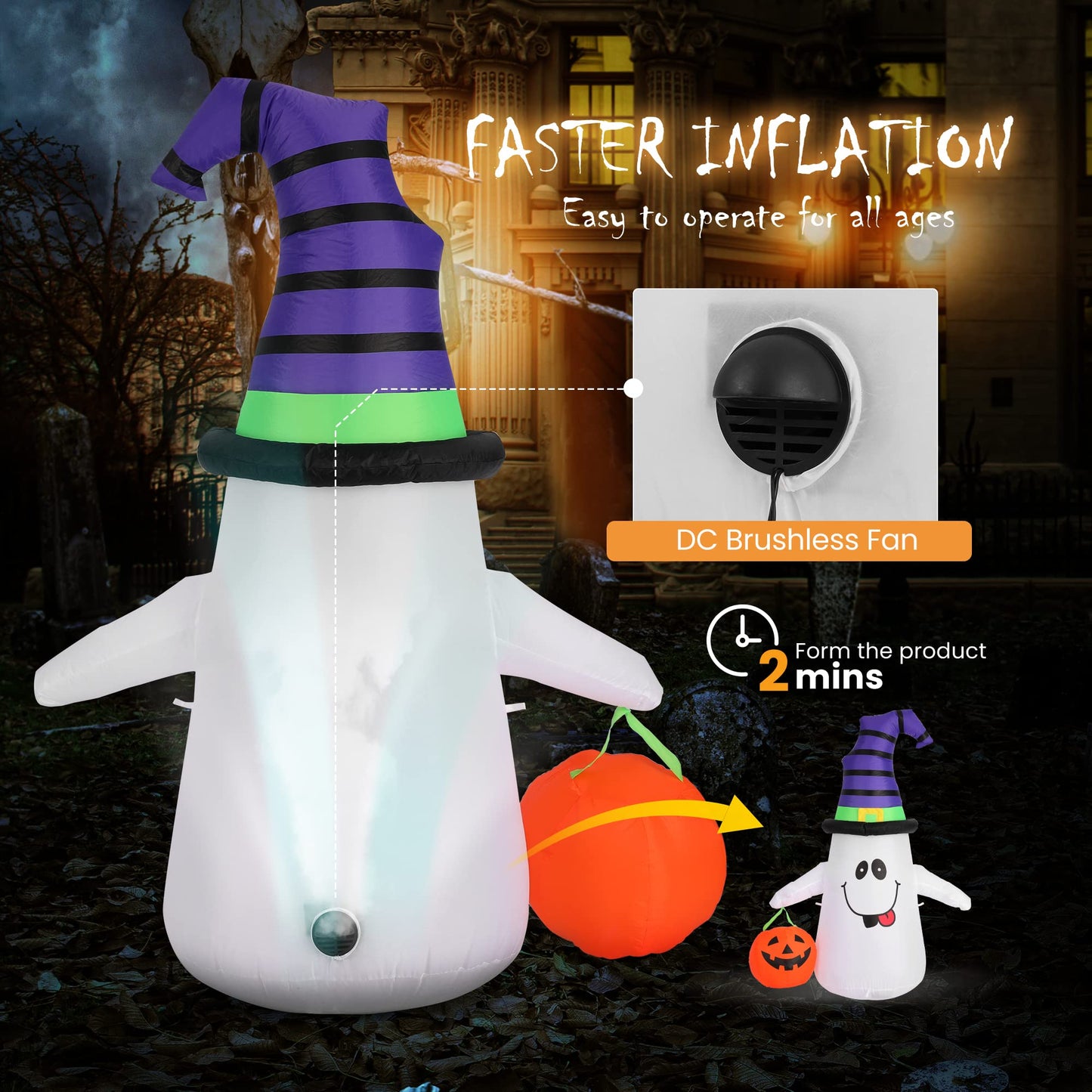 VIVOHOME 5FT Halloween Inflatable Yard Decor, White Ghost with Pumpkin, Outdoor Blow Up with Built-in LED Light for Lawn, Garden, Party