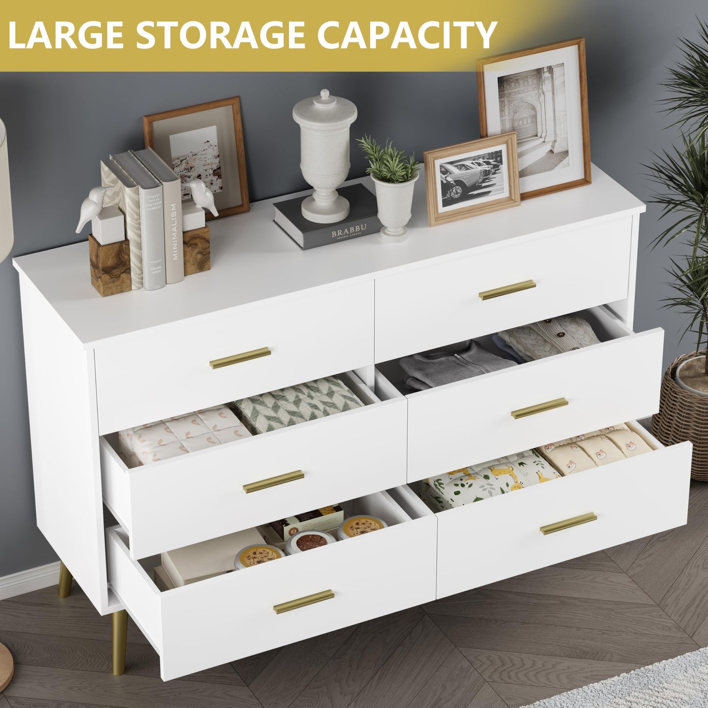 White Dresser for Bedroom, Dressers & Chests of Drawers for Clothes Storage, Wood Dresser for Closet with 6 Drawers, Wide Long Clothes Organizer with LED Light for Hallway, Entryway, Metal Handles