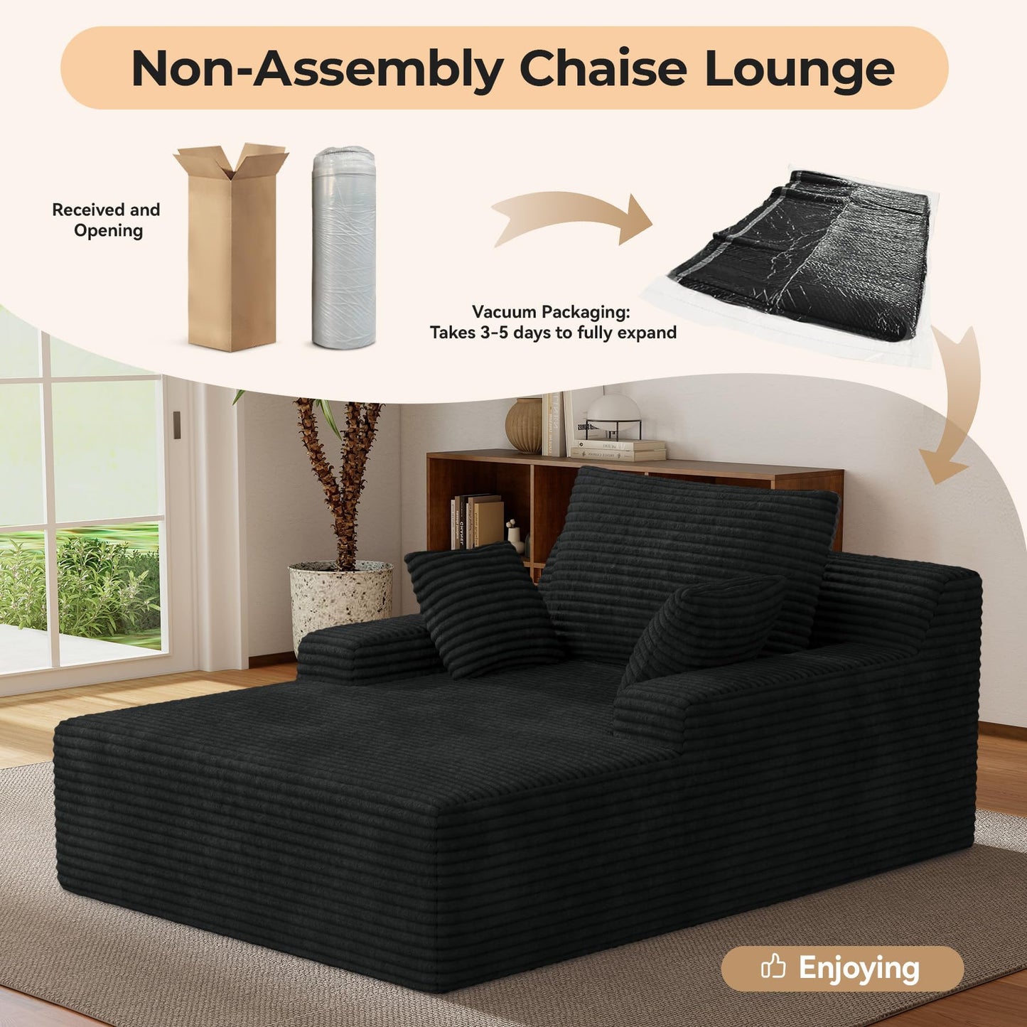 51'' Oversized Chaise Lounge Chair Indoor, Non-Assembly Deep Seat Sofa Bed Corduroy Sleeper Cloud Couch with 2pcs Pillows for Reading Living Room-Black