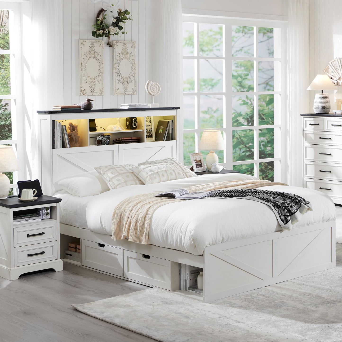 ACCOHOHO Queen Bed Frame Farmhouse with 52" Storage Bookcase Headboard, 4 Drawers Wooden Bed Frame, LED Light, Charging Station - White