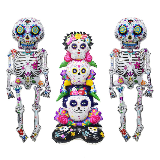 3 Pcs Skeleton Foil Balloons, Día de Muertos Day of the Dead Party Decorations, Halloween Skeleton Balloons,Halloween Spooky Party Supplies, Sugar Skull Balloons