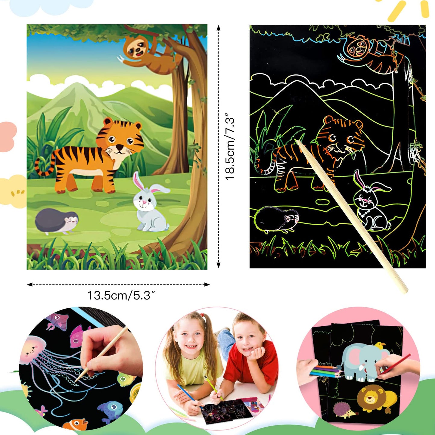 3Set Scratch Paper Art for Kids, Colorful Magic Drawing Book for Children Girls, Rainbow Scratch Off Craft Painting Book with 3 Scratch Pen for Birthday Party Games, DIY Projects Kits Craft Gifts