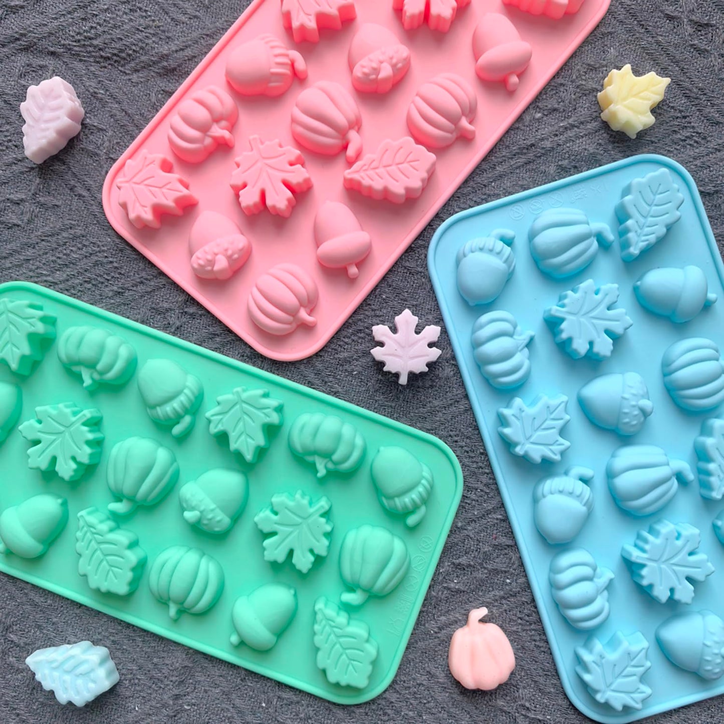 3Pcs 18-Cavity Autumn Harvest Themed Silicone Mold 3D Pumpkin Maple Leaf Chestnut Shaped Chocolate Biscuit Candy Mold, Thanksgiving Silicone Molds for Cake Decoration
