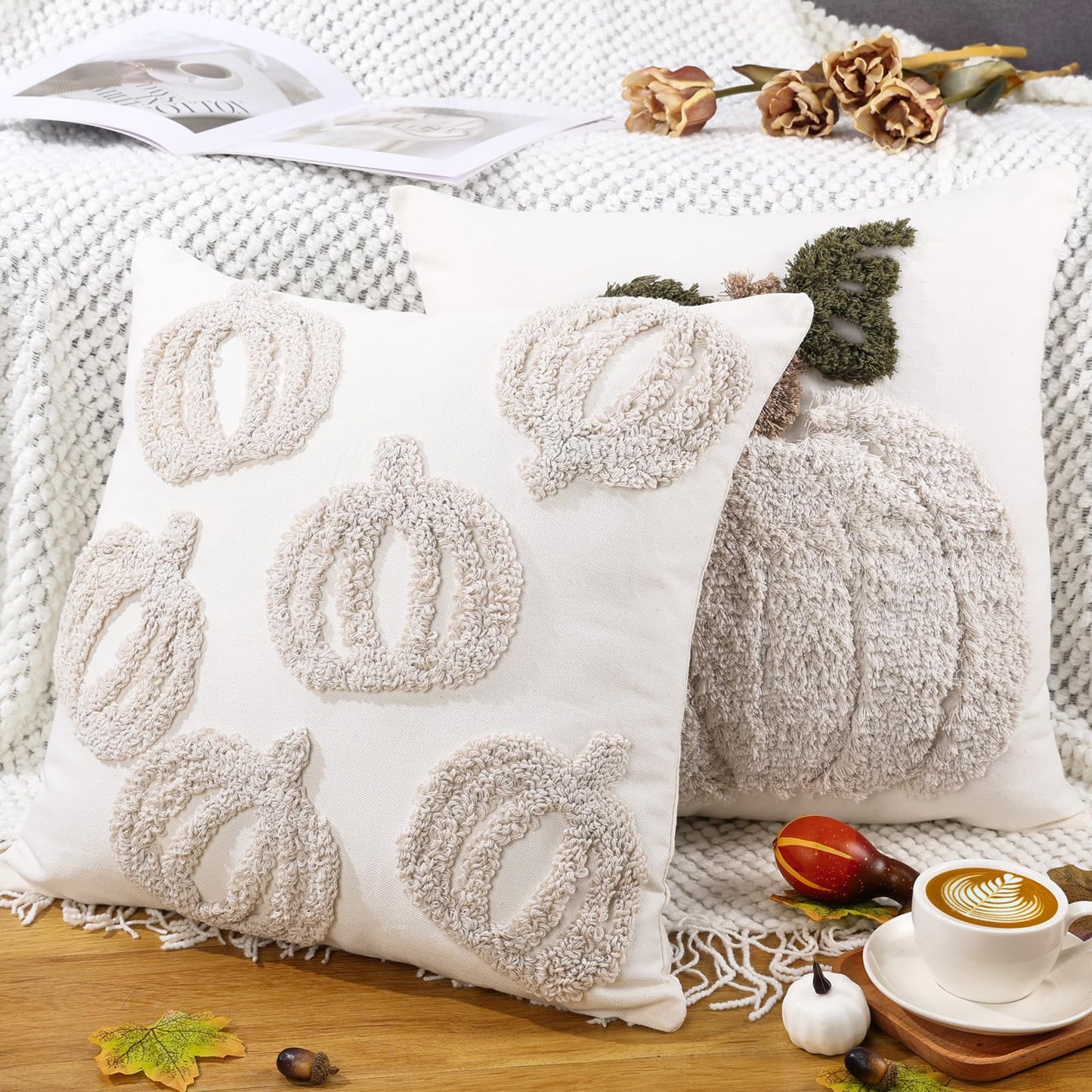 2 PCS Pumpkin Pillow Covers Fall Pillow Covers 18x18 Inch Square Beige White Linen Embroidered Throw Pillow Cases Autumn Halloween Thanksgiving Soft Decor for Sofa Bed Couch Living Room Farmhouse Home