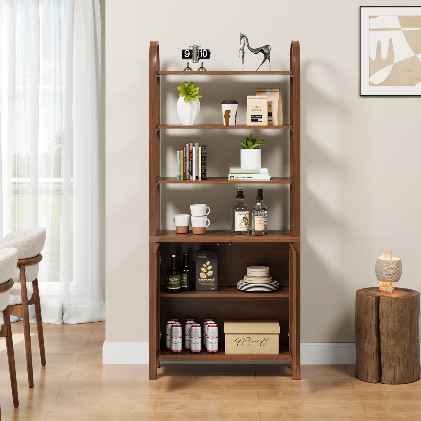 71” Tall Arched Bookshelf Storage with Fluted Doors, Mid Century Modern 6 Tier Bookshelves, Freestanding Bookcase Cabinet with Open Display Storage Shelf for Living Room Home Office Bedroom, Walnut