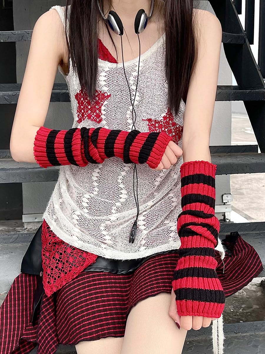 Y2k Striped Arm Warmers Long Fingerless Knitted Gloves Punk Gothic Alt Emo Scene Cool Winter Arm Sleeves Grunge Accessories (Gray,One Size)