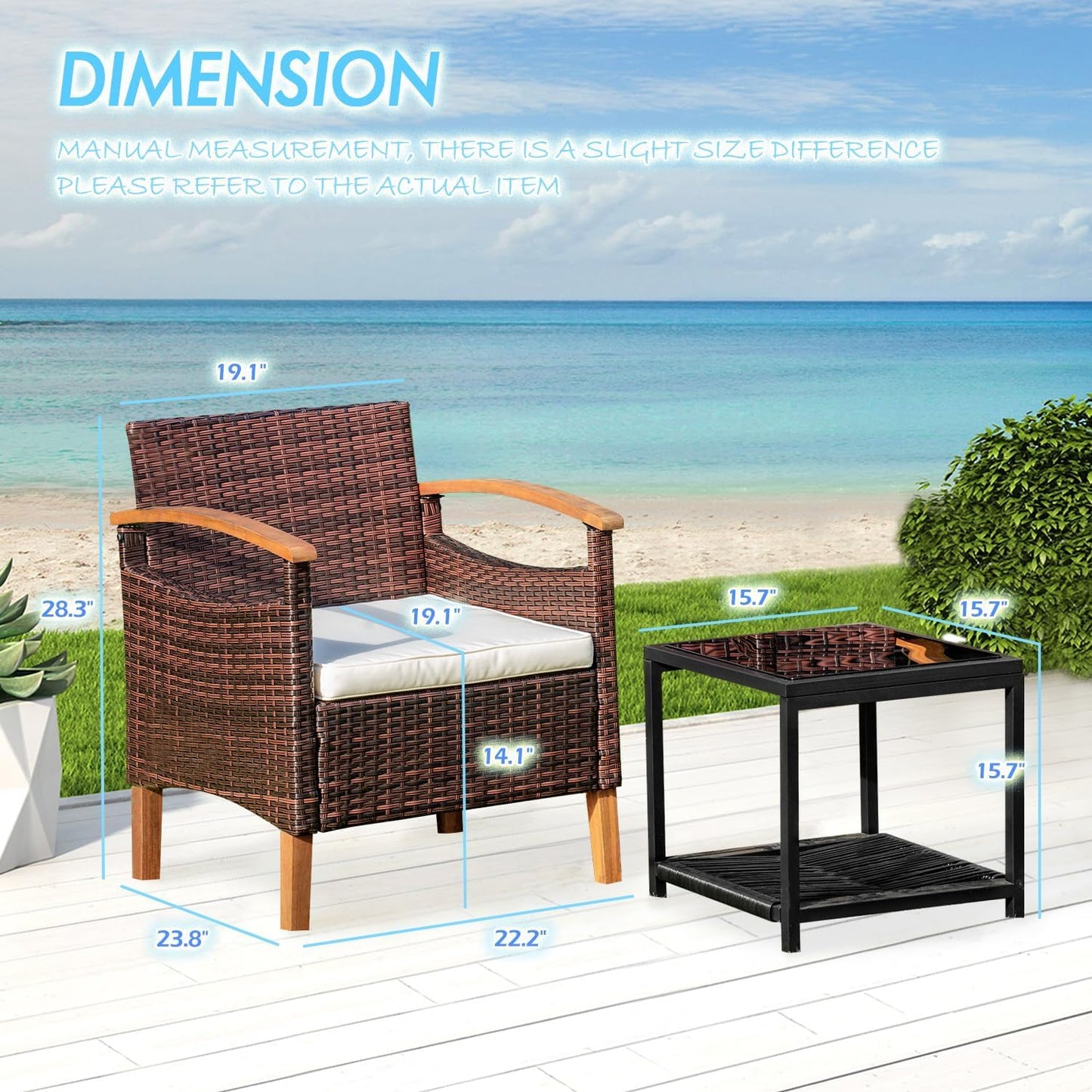 YEEFY 3PCS Outdoor Patio Furniture Set Outdoor Furniture Set with Table Outside Lawn Patio Chairs Set of 2 Patio Conversation Sets Bistro Wicker Patio Set for Backyard Porch Balcony Garden (Brown)
