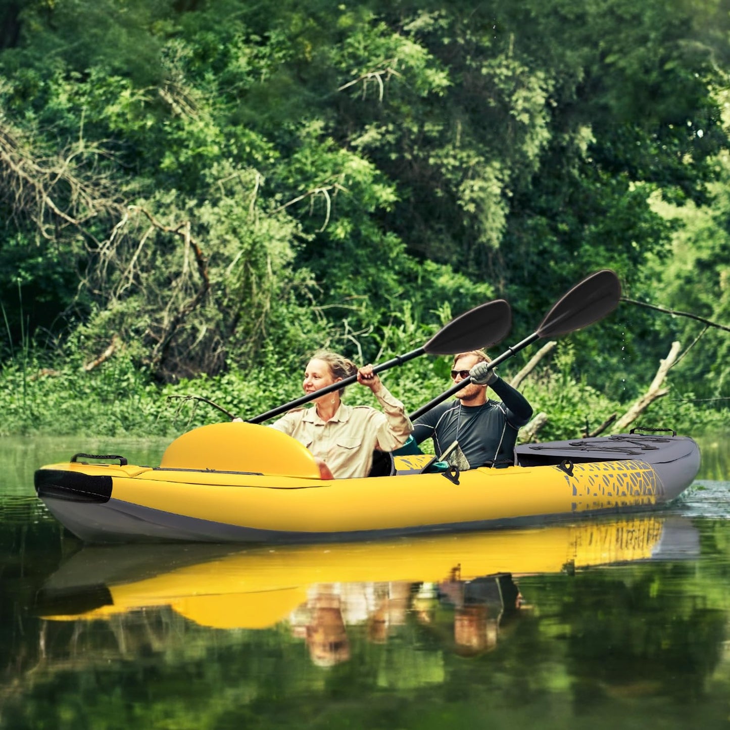 Danrelax 2-Person Inflatable Kayak for Adults, Heavy-Duty PVC, Drop-Stitch Floor, Lightweight, Portable, and Durable Tandem Kayak for Fishing, Touring, and Water Sports, Yellow