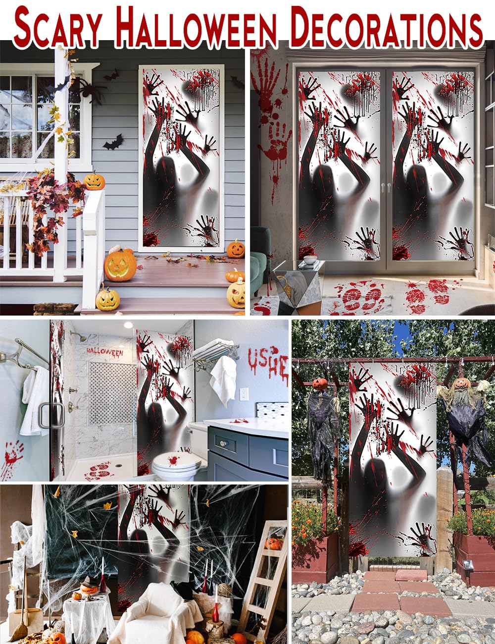 Wohohoho 11 Sheets/202 Pcs Bloody Halloween Decorations Set. 2 Giant Spooky Door Cover, 6 Sheets Horror Window Clings, 3 Sheets Scary Floor Stickers, Halloween Party Wall Decal Bedroom Inside Decor