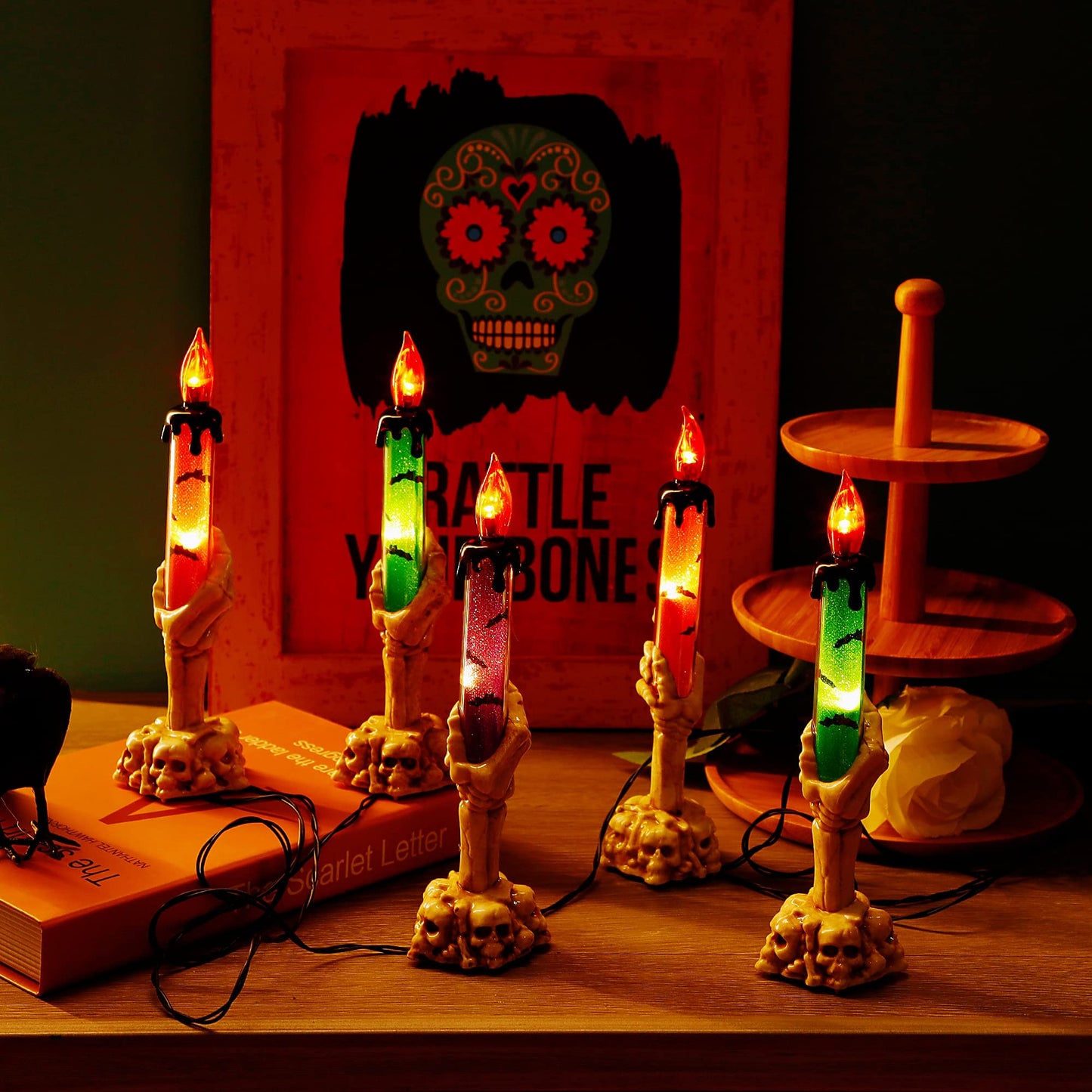 LJLNION Halloween Decorations, 5 Pack Halloween Garden Stake Lights, Tabletop Candle Light with Skeleton Ghost Hand, Waterproof & Battery Operated, Light Up Yard Stakes for Indoor/Outdoor Garden Decor