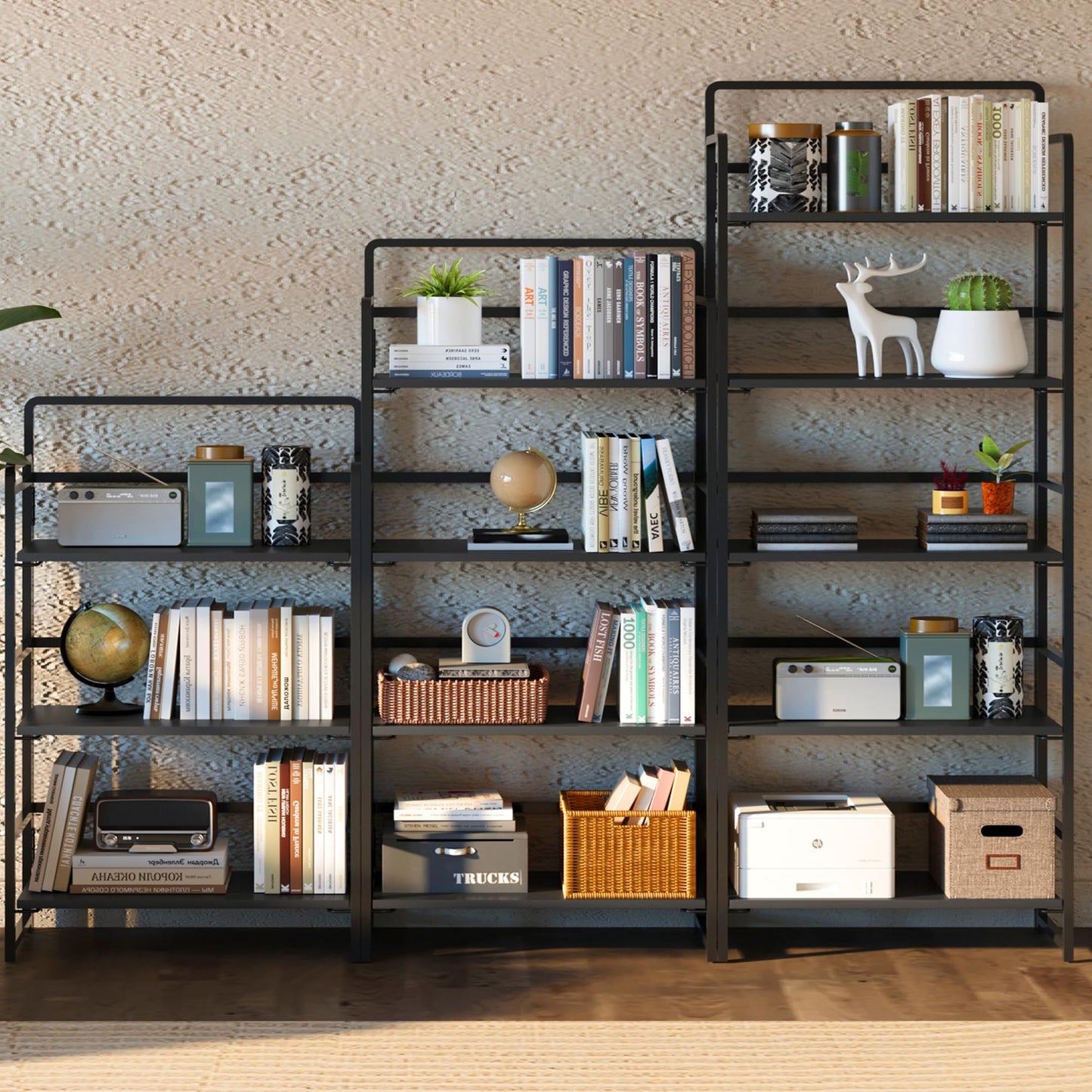 4NM No-Assembly 5 Tiers Folding Bookshelf Storage Shelves Vintage Bookcase Standing Racks Study Organizer Home Office (All Black)
