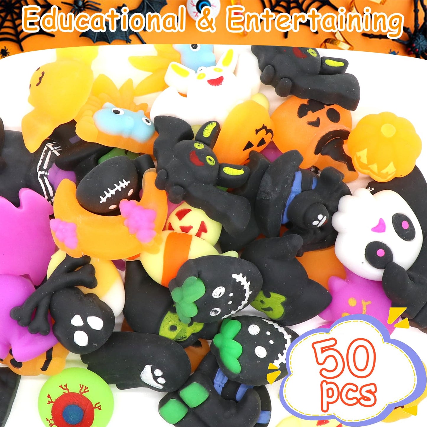 50 Pcs Halloween Mochi Squishy Toy Party Favors ,Mini Squishies Cute Squeeze Toy Stress Reliever Anxiety Packs for Boys and Girls