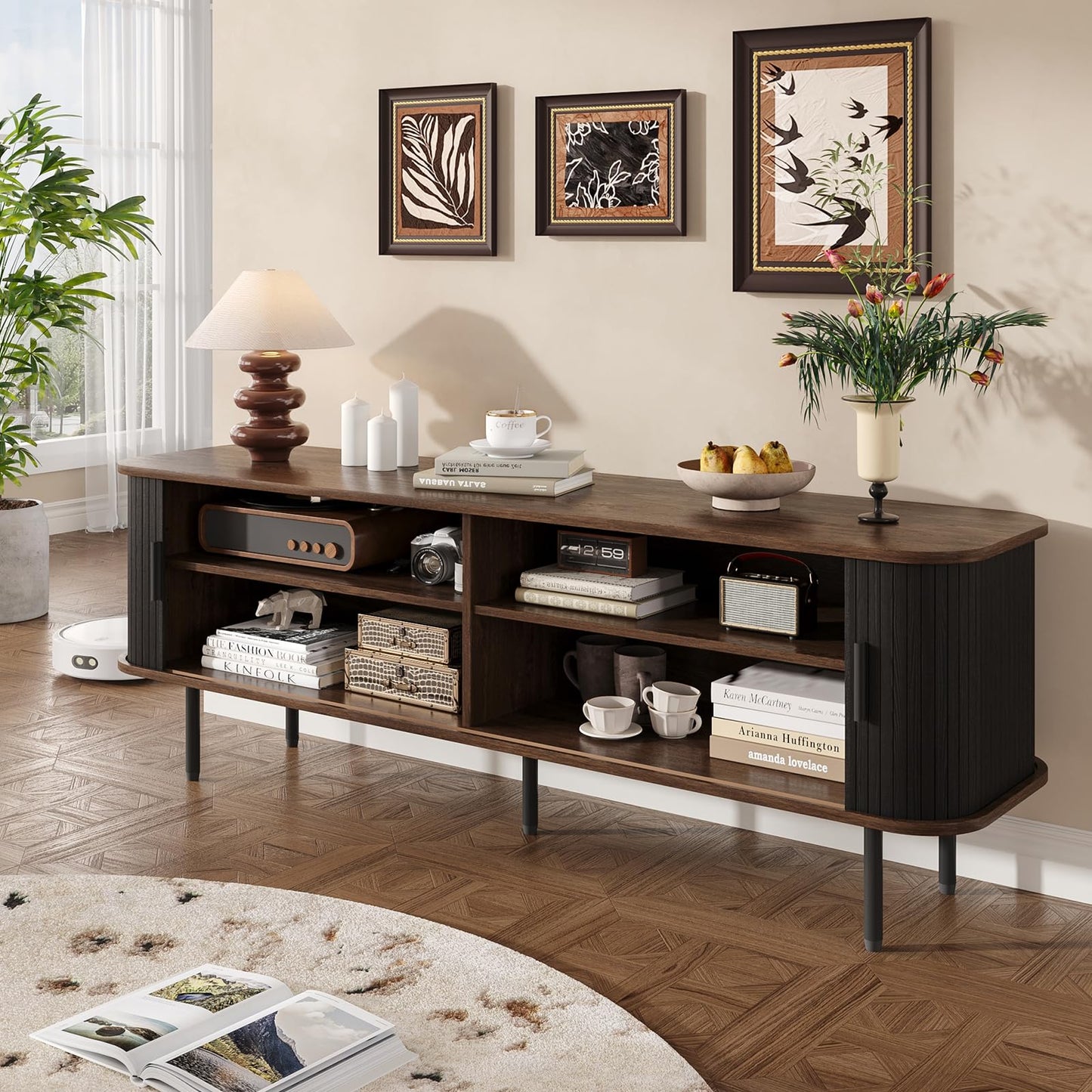 63" Modern Fluted TV Stand for TVs up to 75 Inch , Gaming Entertainment Center with Tambour Slatted Sliding Doors and Storage Cabinet, Media TV Consoles Table for Living Room, Office, Black