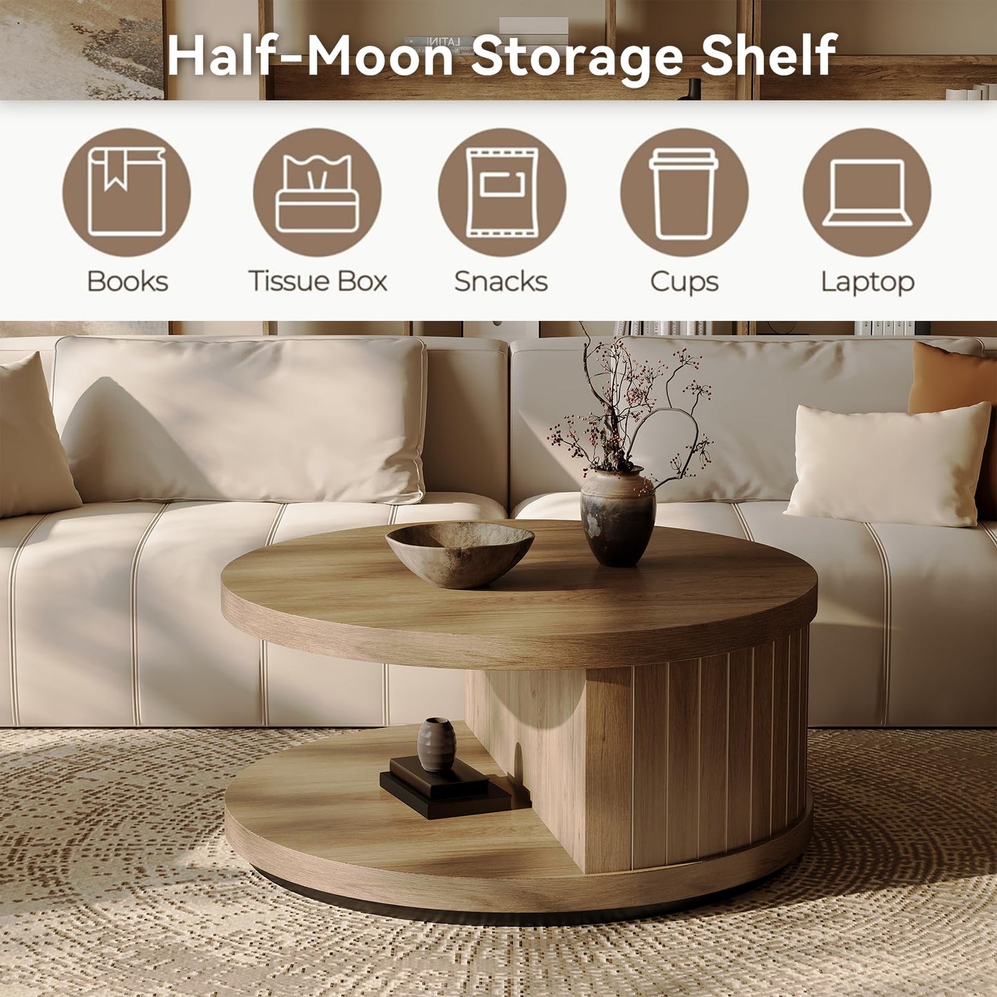 31-Inch Round Wood Center Tea Tables with Shelf for Living Room, 2-Tier Fluted Coffee Table with Circle Wooden Tabletop and Open Shelves for Home Apartment Small Spaces, Natural Oak