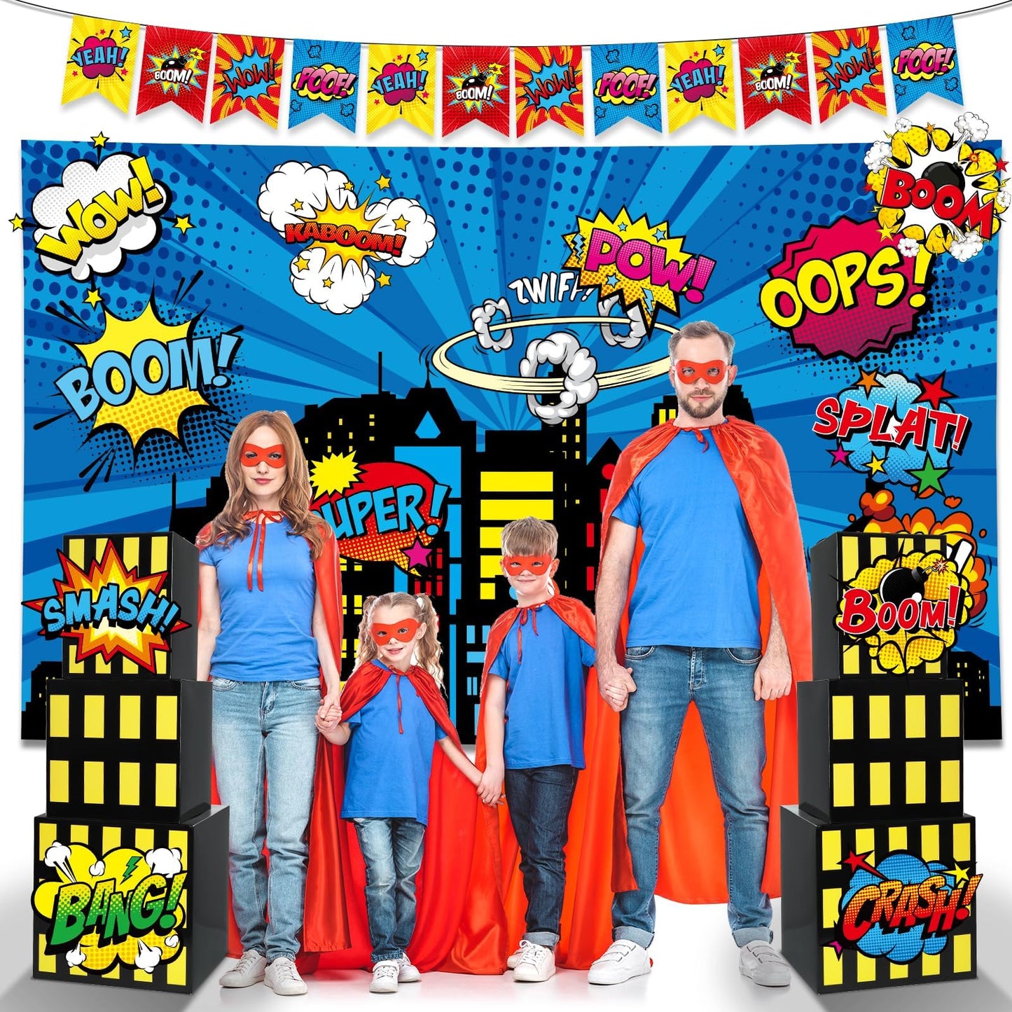 17Pcs Super Theme Hero Party Photography Backdrop for Hero Birthday Decorations with Hero Background Skyscraper City Boxes Hero Cutouts Super Banner for Super Theme Hero Birthday Party Supplies