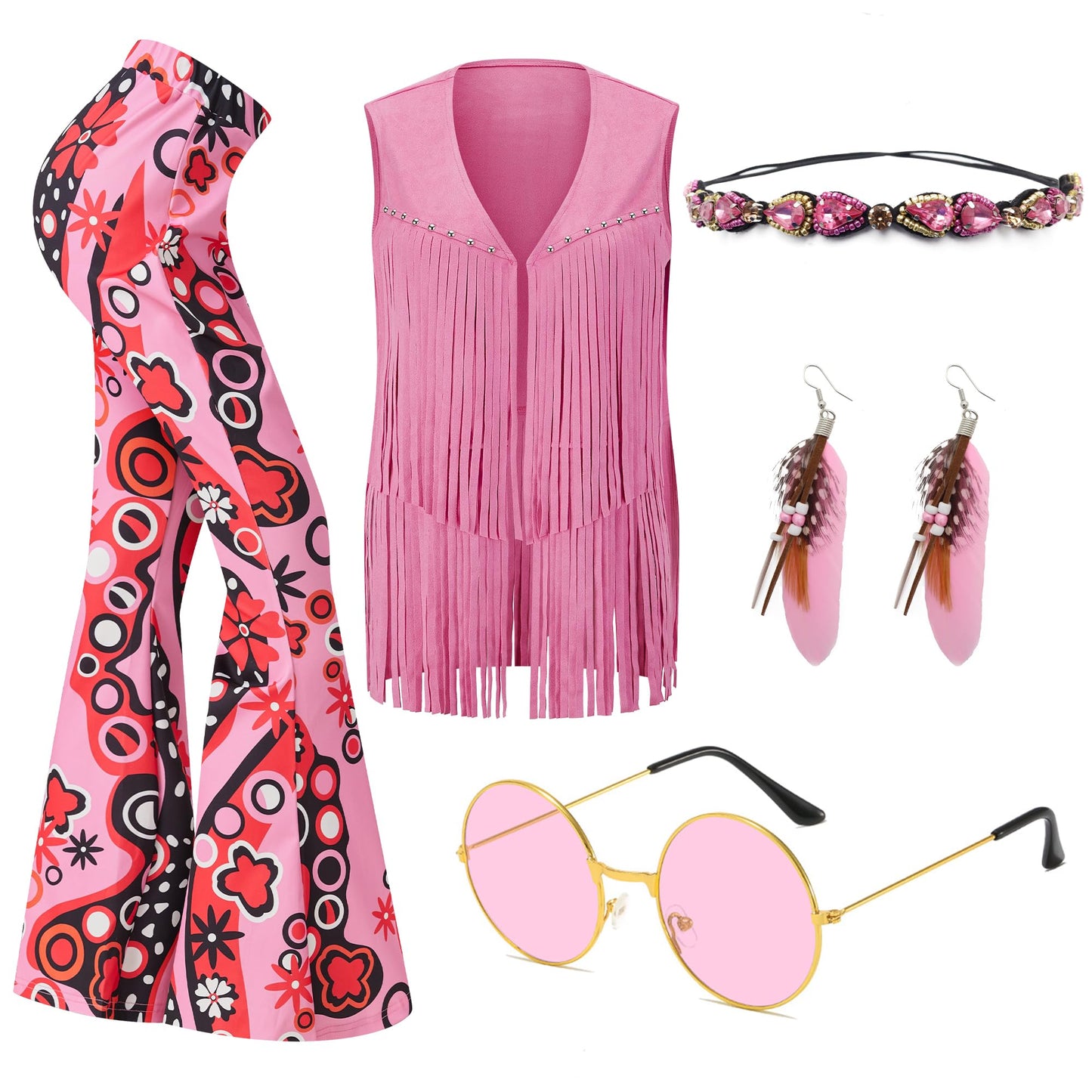 waypool 60s 70s Costume Outfits Motown Disco Outfits Fringe Vest Boho Flared Pants Set Earrings, Hippy Glasses, Headbands Flower