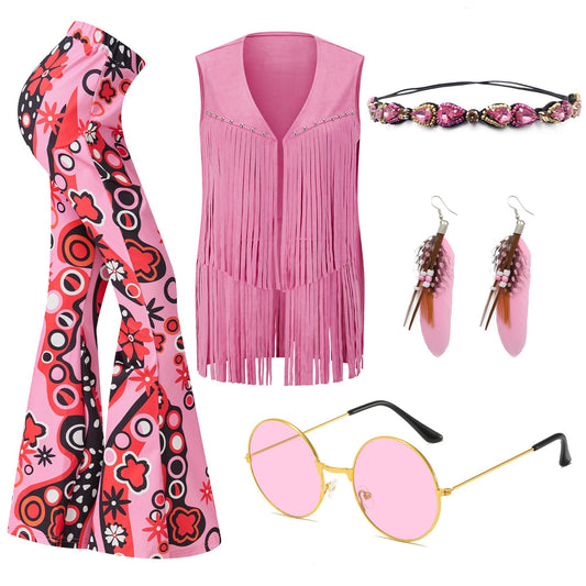 waypool 60s 70s Costume Outfits Motown Disco Outfits Fringe Vest Boho Flared Pants Set Earrings, Hippy Glasses, Headbands Flower