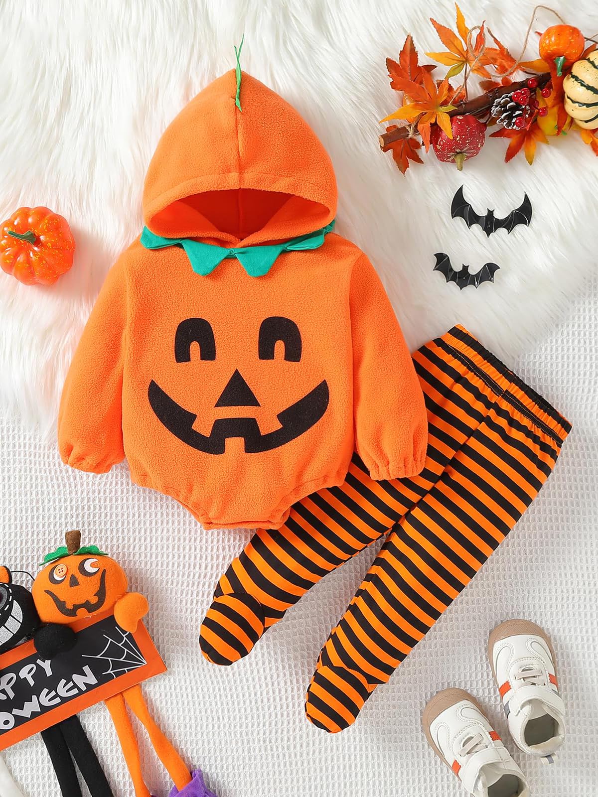 2Pcs Newborn Infant Baby Boy Girl Fleece Halloween Pumpkin Costumes Hoodie Romper Onesie Cotton Pants Outfit (3-6 Months, Orange-A)