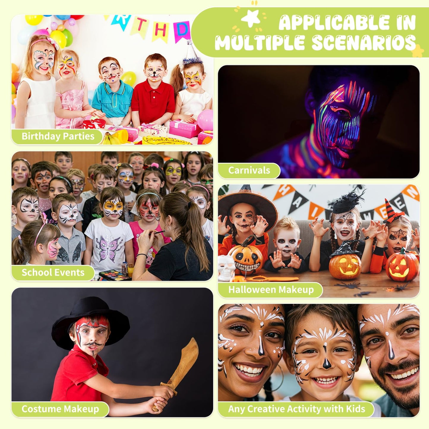 44 Color Face Painting Kit for Kids - Non Toxic Water Activated Face Paint Palette with Stencils, Brushes, Gems & Glitter. Halloween, Carnival, Party; Costume Makeup for Creative Activities