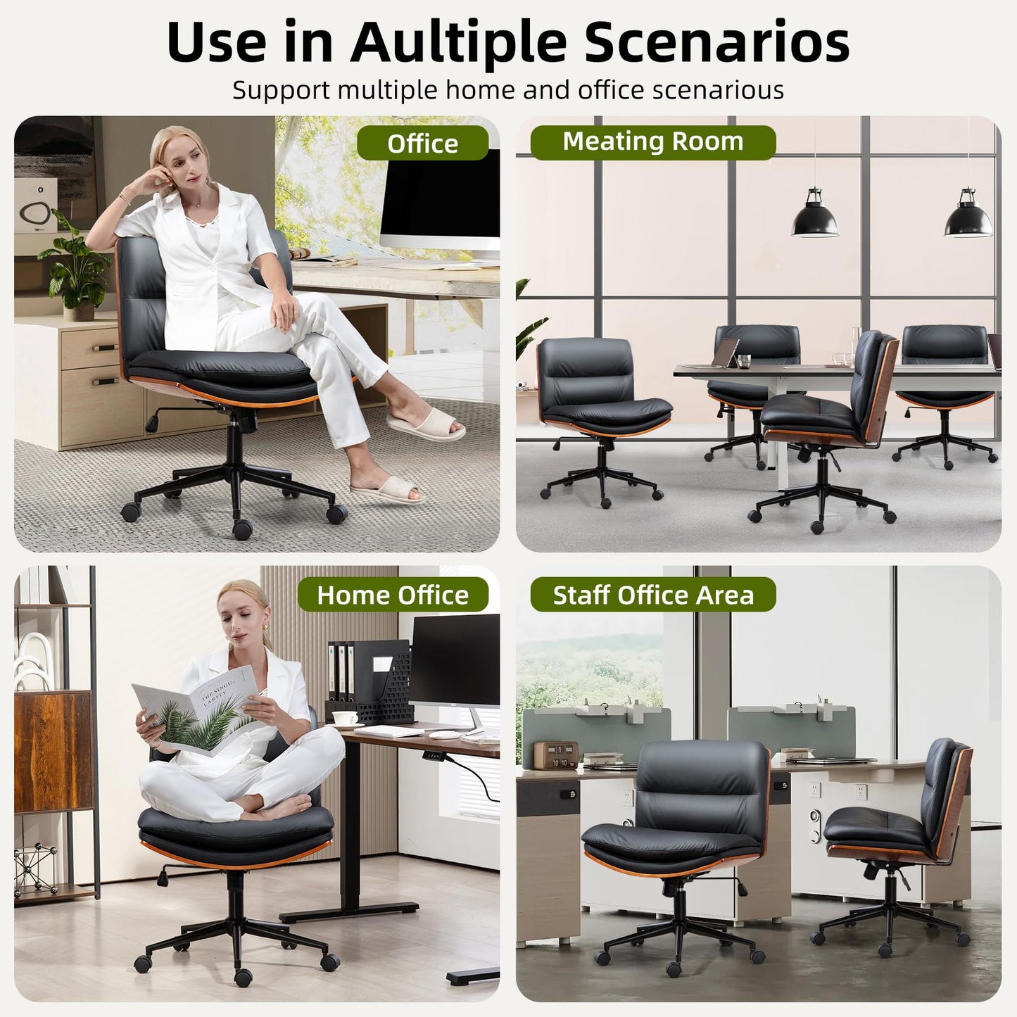 WQSLHX Office Chair, Criss Cross Legged Office Desk Chairs with Wheels, PU Leather Adjustable Swivel Walnut Task Chair with Wide Seat, Ergonomic Mid Back Computer Chair for Meeting Room, Home