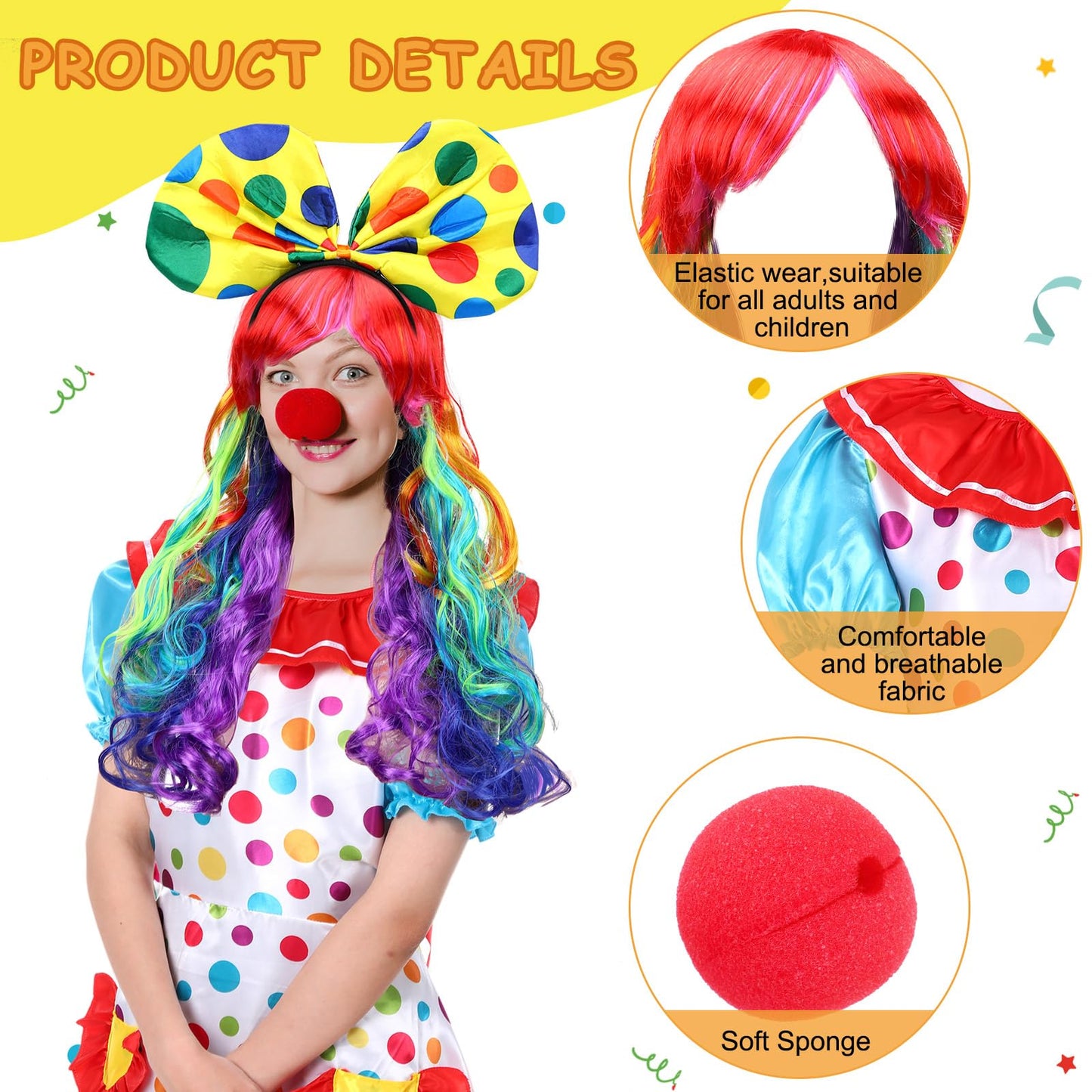 6 Pcs Clown Costume Set Women Circus Dress Rainbow Clown Wig Headband Nose Shorts Gloves for Halloween cosplay(Medium)