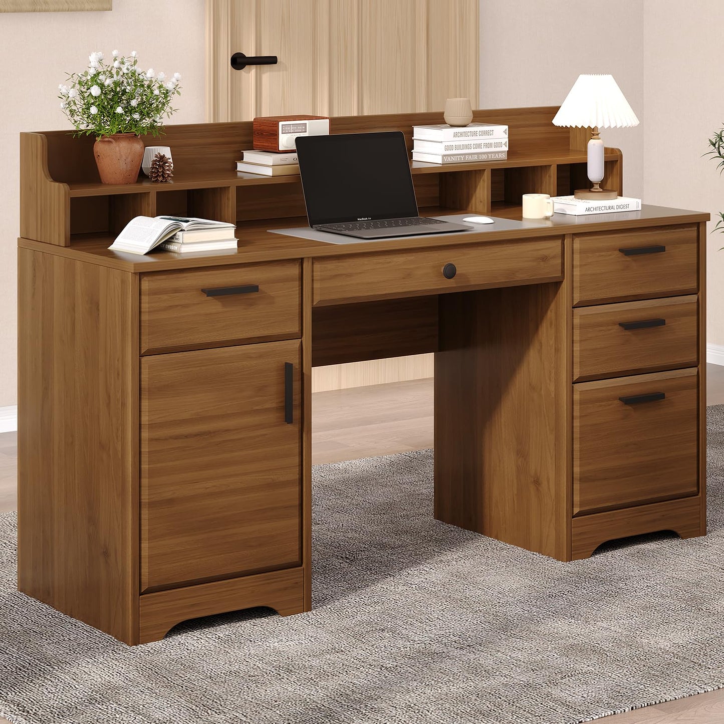 58 Inch Executive Desk with File Drawers, Computer Desk with Storage, Home Office Desk with Storage Cabinet for Bedroom, Rustic Brown