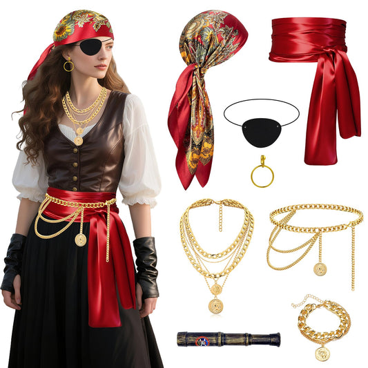 8 Pcs Pirate Costume Accessories for Women Men, Bandanas Head Scarf Eye Patch Sash Necklace Bracelet Chain Belt Earring Telescope Pirate Accessories for Halloween Cosplay Party