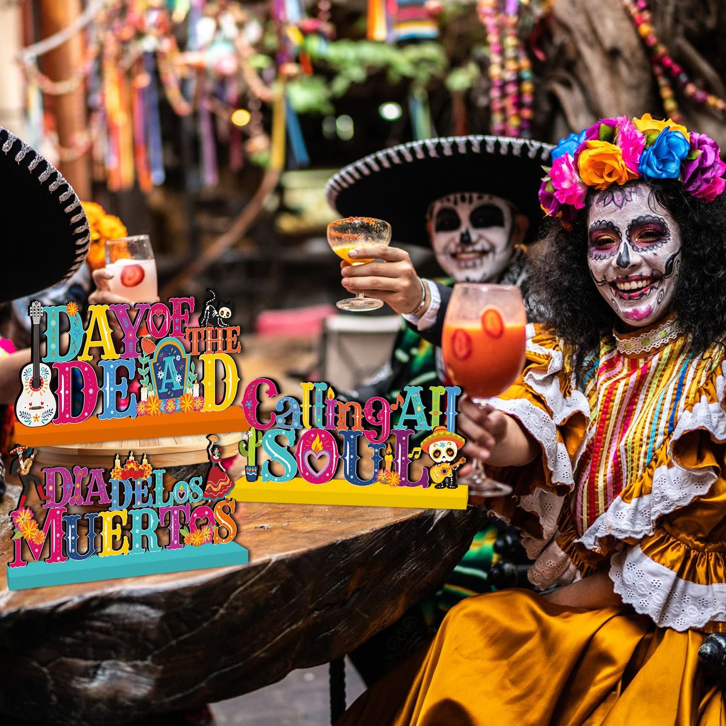 4Pcs Dia De Los Muertos Decorations Wooden Table Centerpieces Day of The Dead Decorations Mexican Table Decor Dia De Los Muertos Table Topper Sign for Halloween Mexican Carnival Party Decor