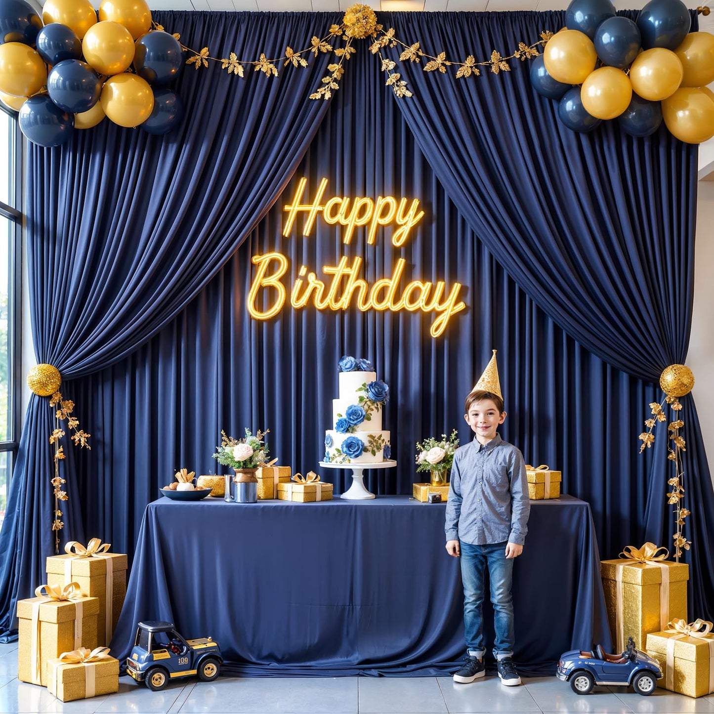 20ft x 10ft Navy Blue Backdrop Curtains for Parties – Wrinkle-Free Polyester Drapes, 4 Panels 5ft x 10ft Navy Blue Photo Backdrops for Weddings, Birthday Parties, Studio Photography