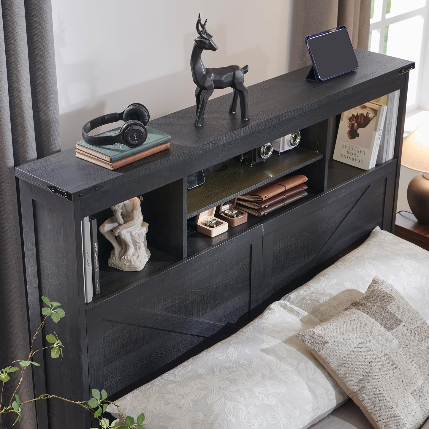 ACCOHOHO King Bed Frame Farmhouse with 52" Storage Bookcase Headboard, 4 Drawers Wooden Bed Frame, LED Light, Charging Station - Black