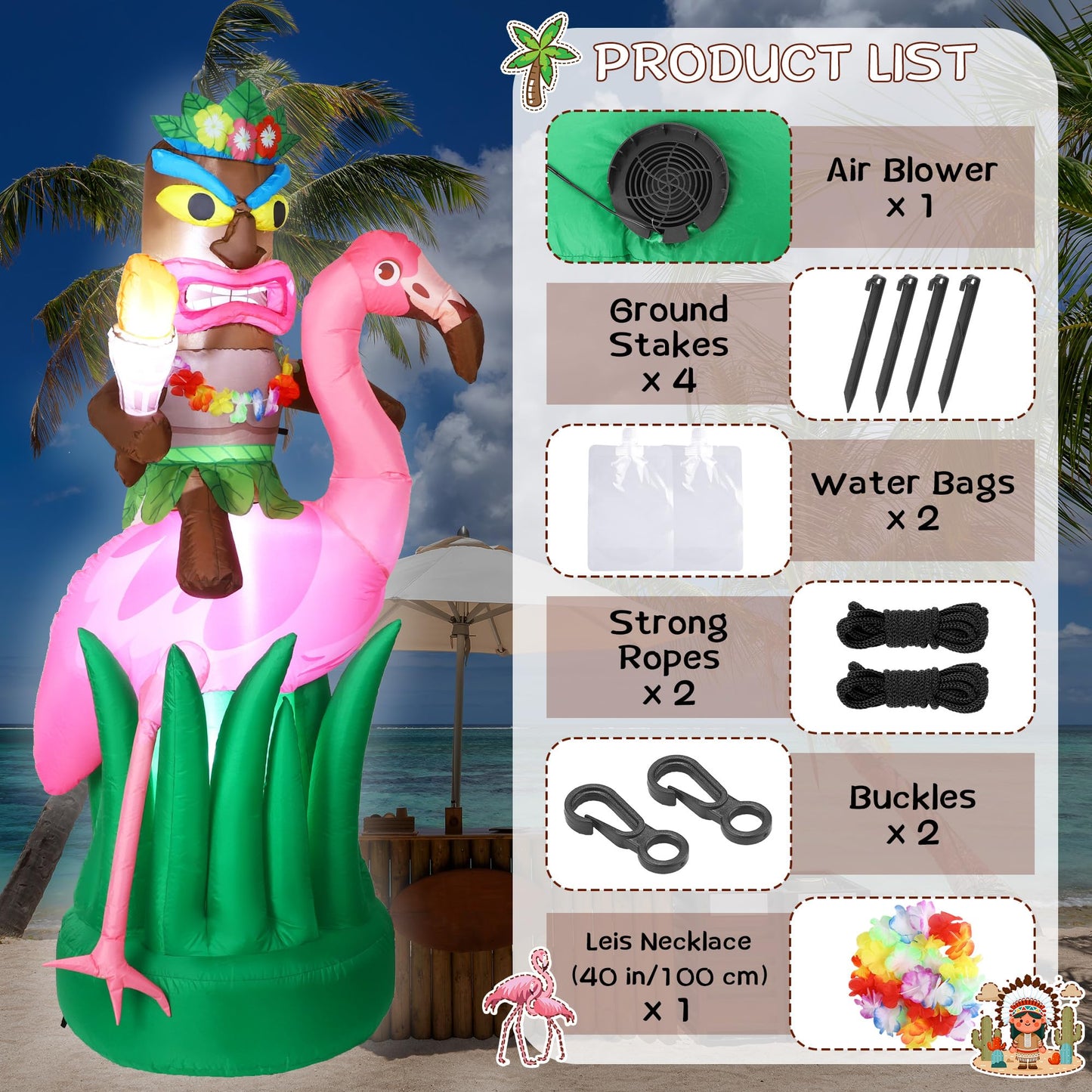 Vivantia 6 Ft Inflatable Tiki Flamingo Decor Hawaiian Tiki Inflatable with Air Blower LED Lighted Outdoor Decoration Blow Up Garden Decor for Summer Tropical Yard Garden Hawaiian Party Supplies