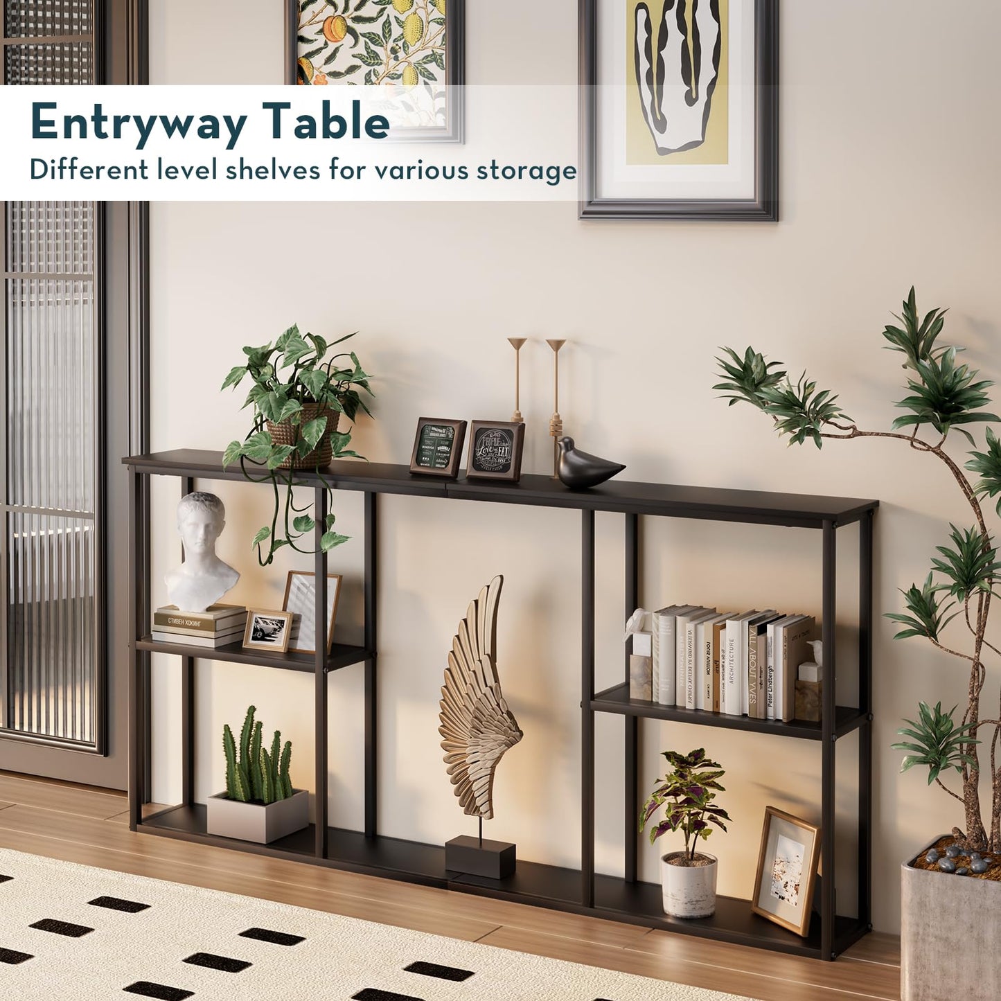 WOHOMO Black Console Table,3-Tire Small Entryway Table,Long Sofa Table for Hallway,Living Room(63 inch)