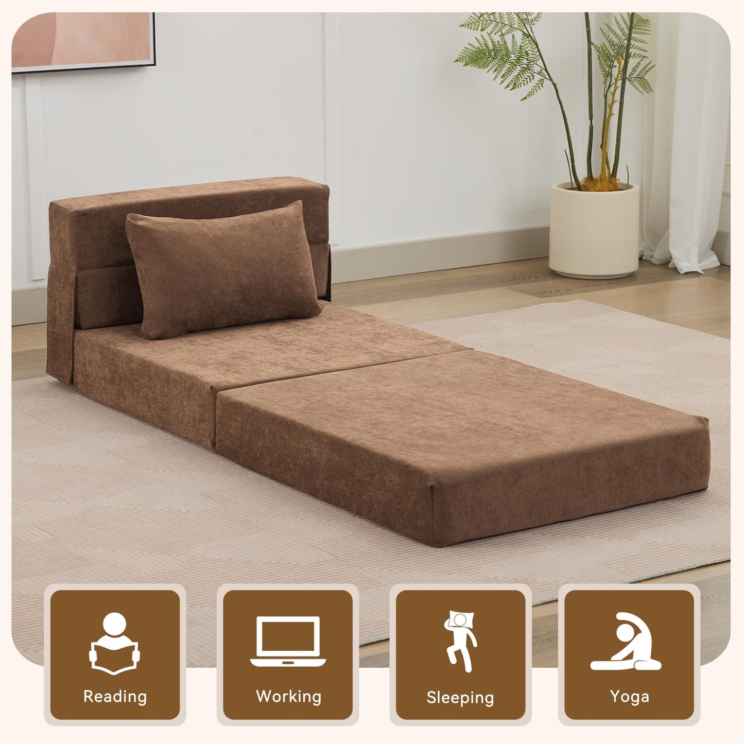 WUTUTUEE Folding Sofa Bed Convertible Floor Couch Foldable Chair Bed with Pillow, Linen Sleeper Chair Futon, Foldable Memory Foam Mattress for Bedroom/Living Room/Dorm/Office (Brown, Single)